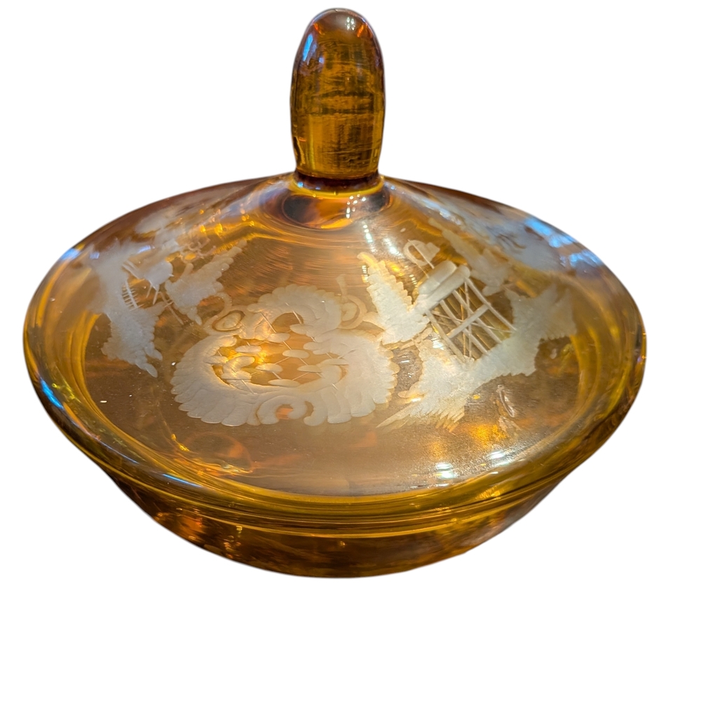 Vintage Amber Glass Etched Bowl W/Cover